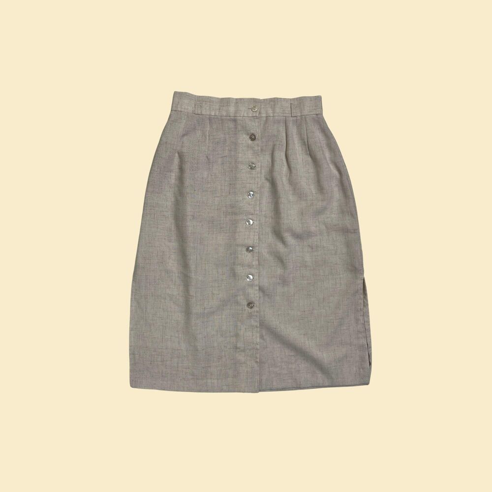 Vintage 70s linen skirt, Hy-Lee 26.5" waist button down tan/beige midi skirt